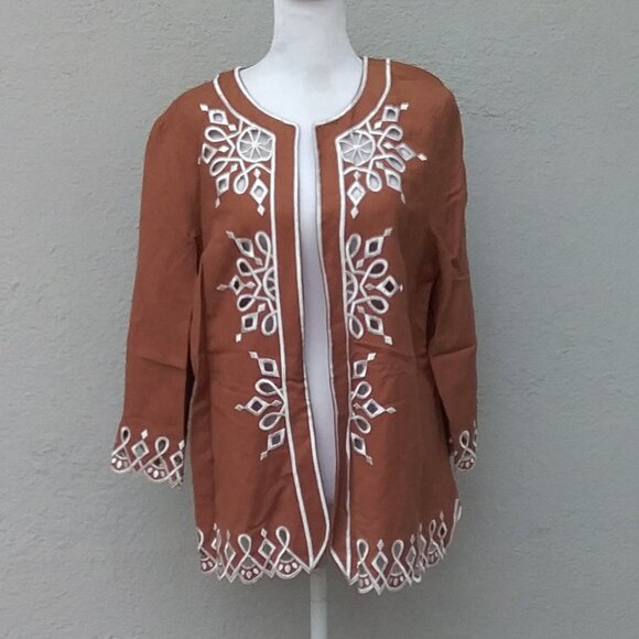 Bob Mackie Women's Wearable Art Linen Jacket Light Brown and White Cutout Preppy - Picture 1 of 7